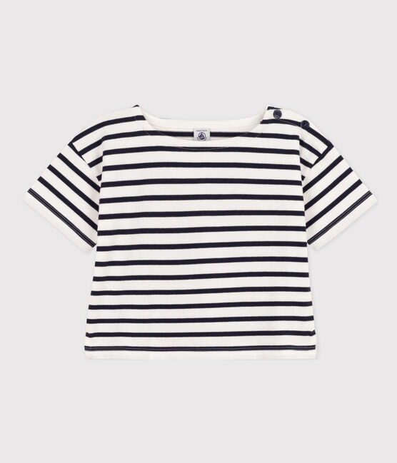 Kurzärmeliges, gestreiftes Kinder-T-Shirt aus Baumwolle für Mädchen weiss MARSHMALLOW/blau SMOKING