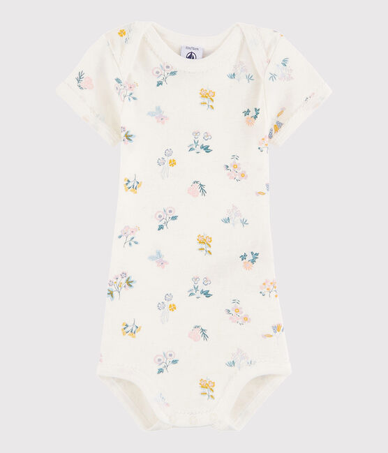 Kurzärmeliger Baby-Body Mädchen weiss MARSHMALLOW/weiss MULTICO