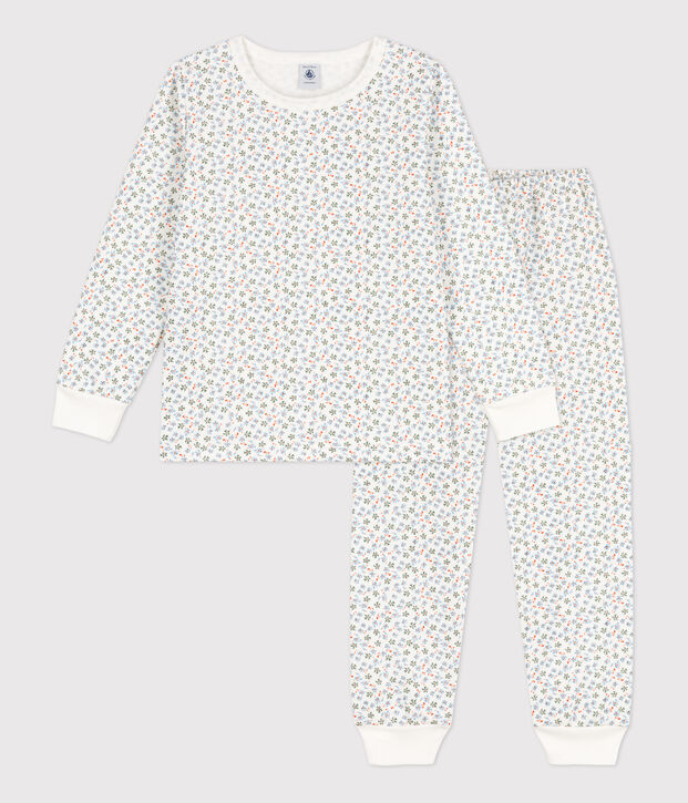 Kinderpyjama aus Molton mit Blumenmotiv f&uuml;r M&auml;dchen weiss/vielfarbig