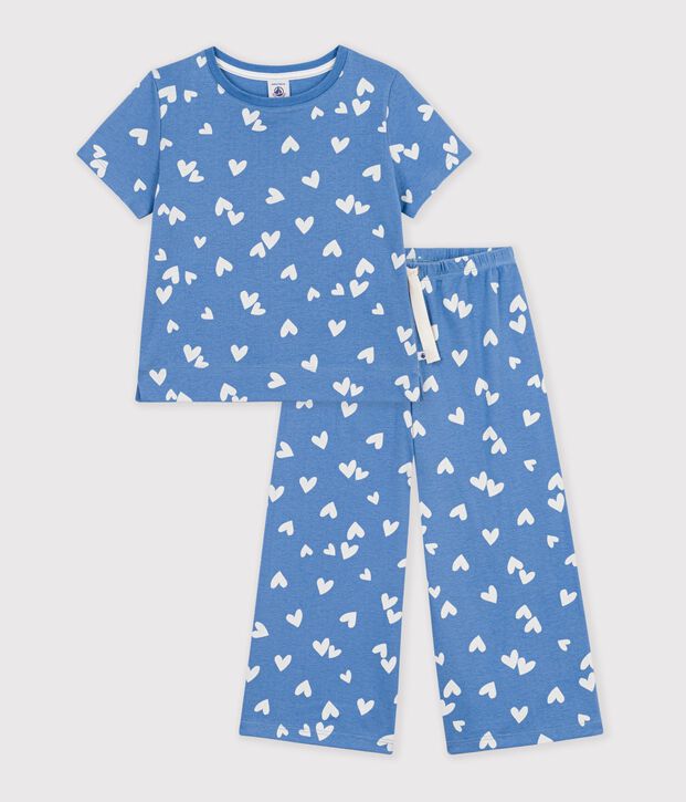 Kinder-Pyjama aus Baumwolle mit weiten Beinen und Herzmotiv blau/weiss