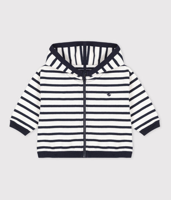 Baby-Kapuzensweatshirt aus dickem Jersey mit Marinestreifen weiss MARSHMALLOW/blau SMOKING