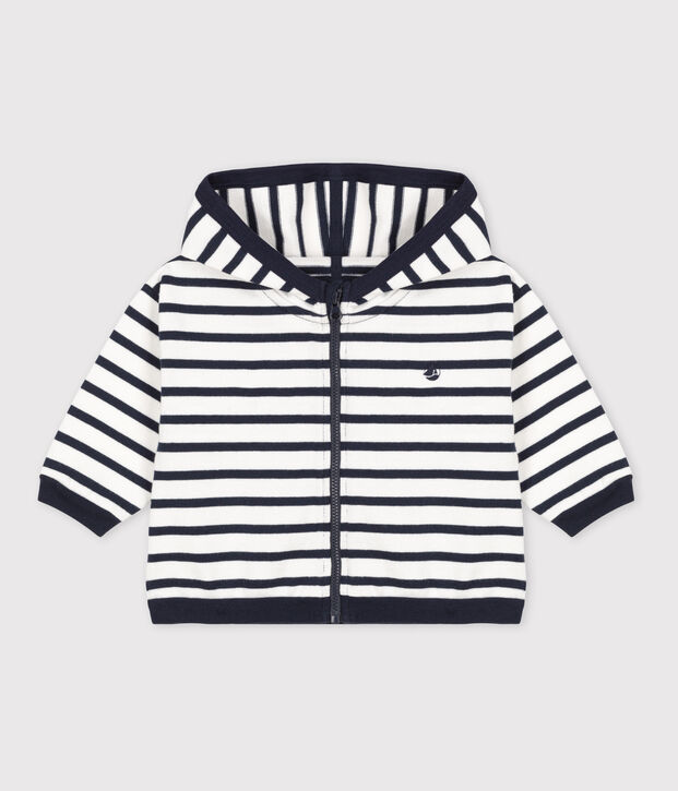 Baby-Kapuzensweatshirt aus dickem Jersey mit Marinestreifen weiss/blau