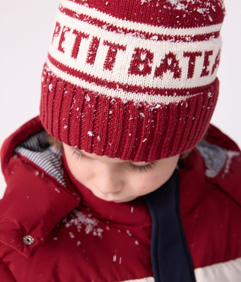 Kinder-Strickm&uuml;tze mit Petit Bateau-Fleece gef&uuml;ttert rot/weiss