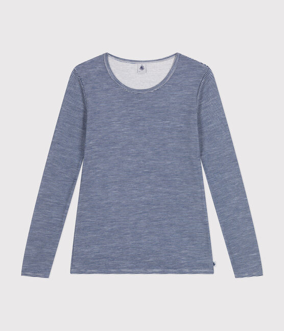 Langärmeliges gestreiftes Damen-T-Shirt aus Wolle und Baumwolle blau MEDIEVAL/weiss MARSHMALLOW