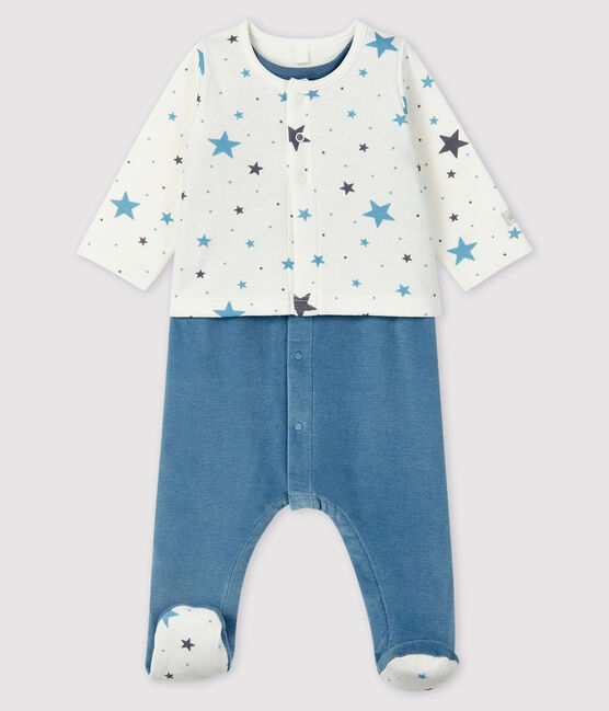 Baby-Zweiteiler aus Velours mit blauen Sternen gelb TEMPETE/weiss MULTICO
