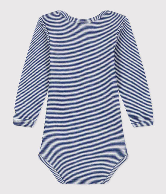 LANGÄRMELIGER GESTREIFTER BABY-BODY AUS WOLLE UND BAUMWOLLE blau MEDIEVAL/weiss MARSHMALLOW