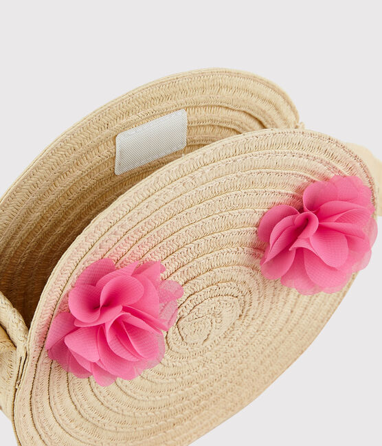Kleine, runde Kinder-Strohtasche mit Schulterriemen für Mädchen rosa NATUREL