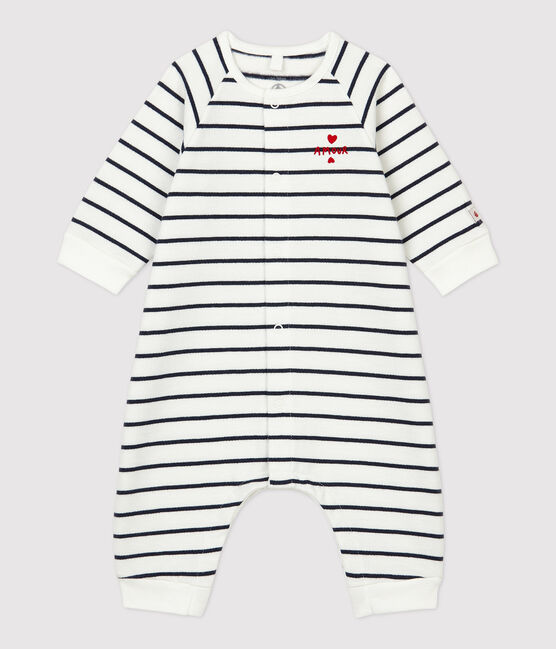 Baby-Overall aus Bio-Baumwoll-Molton mit Marinestreifen weiss MARSHMALLOW/blau SMOKING