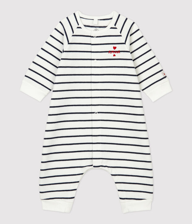 Baby-Overall aus Bio-Baumwoll-Molton mit Marinestreifen weiss/blau