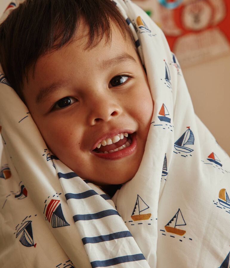 Bett- und Kissenbezug mit Segelbooten f&uuml;r Kinder weiss MARSHMALLOW/blau MEDIEVAL/ MULTICO
