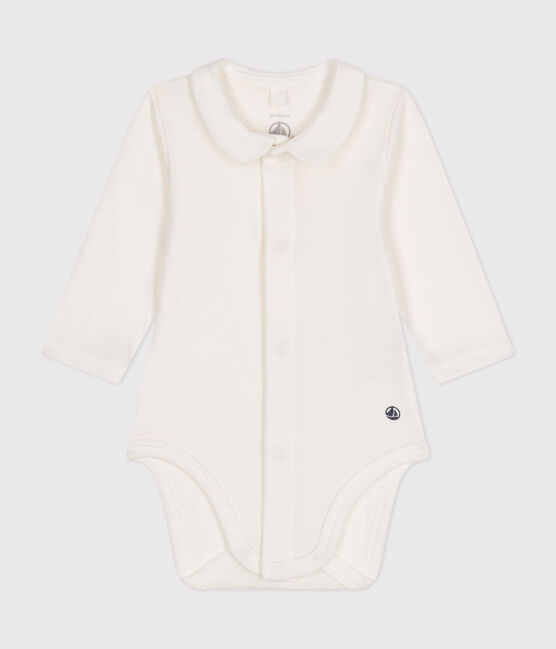 Langärmeliger Baby-Body aus Baumwolle mit Kragen weiss MARSHMALLOW