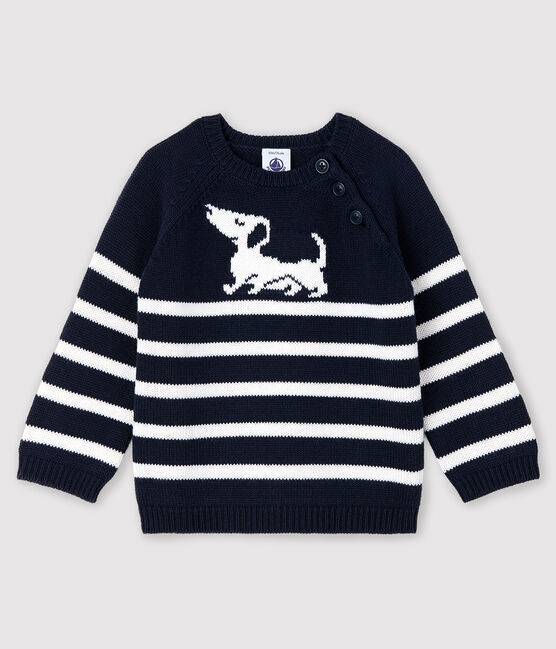 Gestreifter Baby-Pullover mit Muster für Jungen blau SMOKING/weiss MARSHMALLOW
