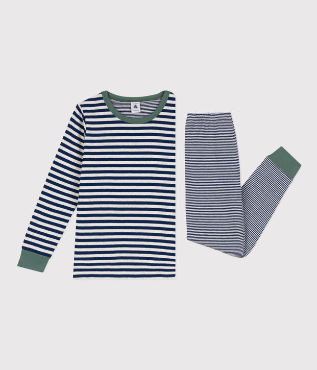 Kinderpyjama aus Doppeljersey mit Ringelstreifen blau/beige