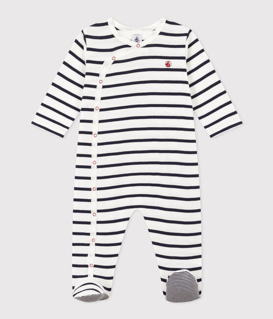 Gestreifter Baby-Pyjama aus Rippstrick weiss MARSHMALLOW/blau SMOKING