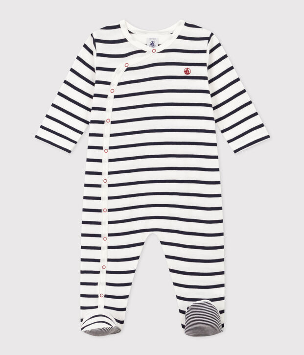 Gestreifter Baby-Pyjama aus Rippstrick weiss/blau