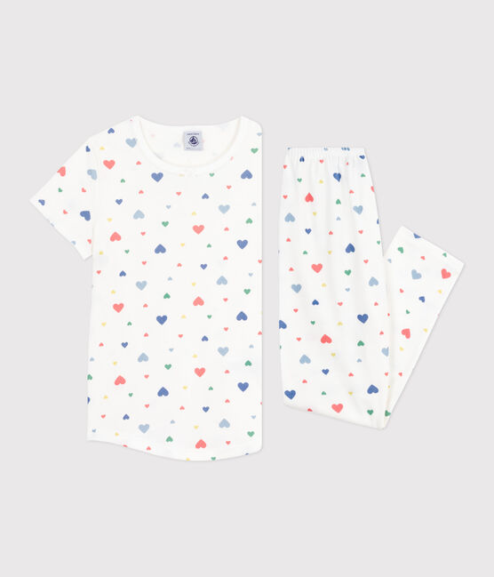 Kurzärmeliger Kinder-Pyjama mit langen Beinen aus bedruckter Baumwolle weiss MARSHMALLOW/weiss MULTICO