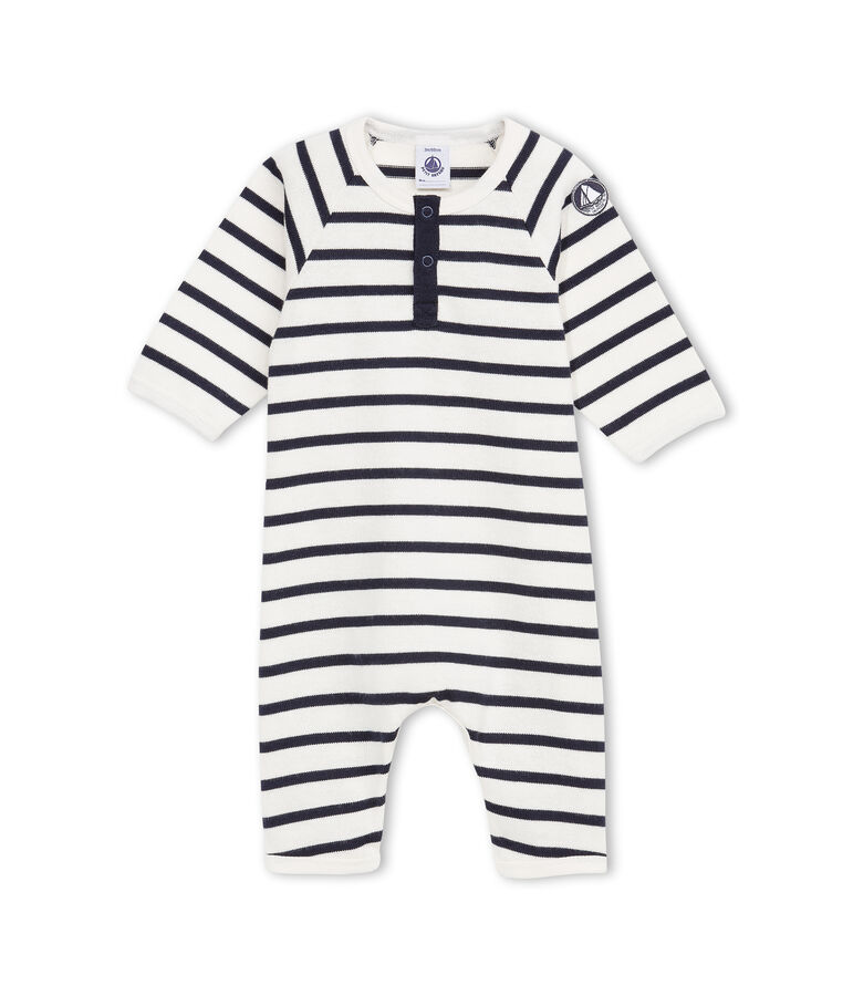 Baby Jungen Overall aus gestreiftem, festem Jersey beige COQUILLE/blau ABYSSE