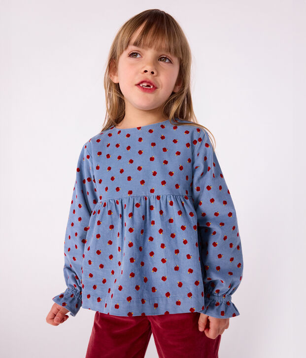 Lang&auml;rmeliges Kinder-Bluse aus gemustertem Fein-Cord. blau/vielfarbig