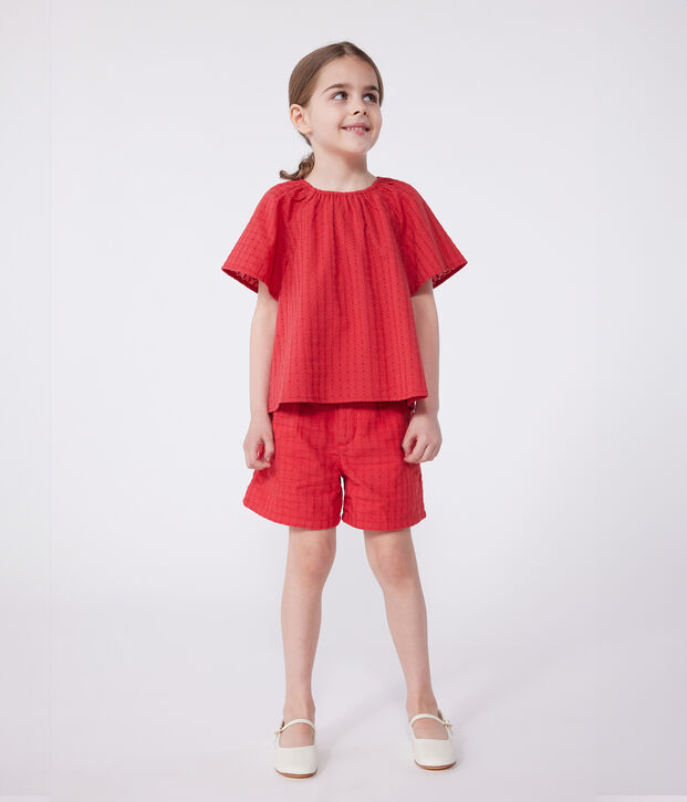 Kurz&auml;rmelige Kinder-Bluse mit Blumenmuster rot