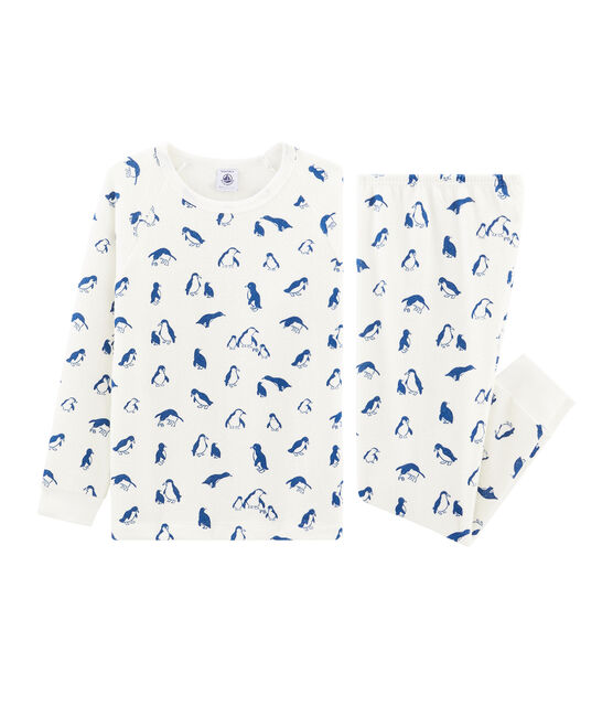 Unisex-Pyjama aus angerautem, extra warmem Bouclé-Frottier weiss MARSHMALLOW/blau MAJOR