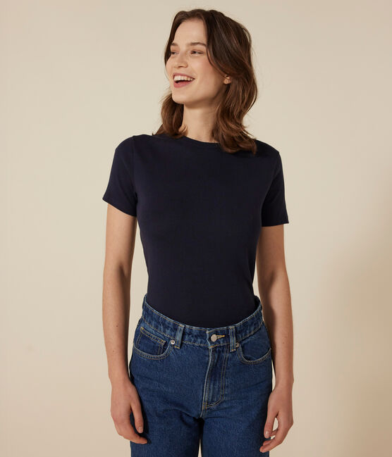 Kurzärmeliges Damen-T-Shirt L'ICONIQUE aus einfarbigem Rippstrick blau SMOKING