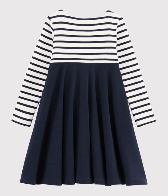 Langärmeliges Kinderkleid für Mädchen weiss MARSHMALLOW/blau SMOKING