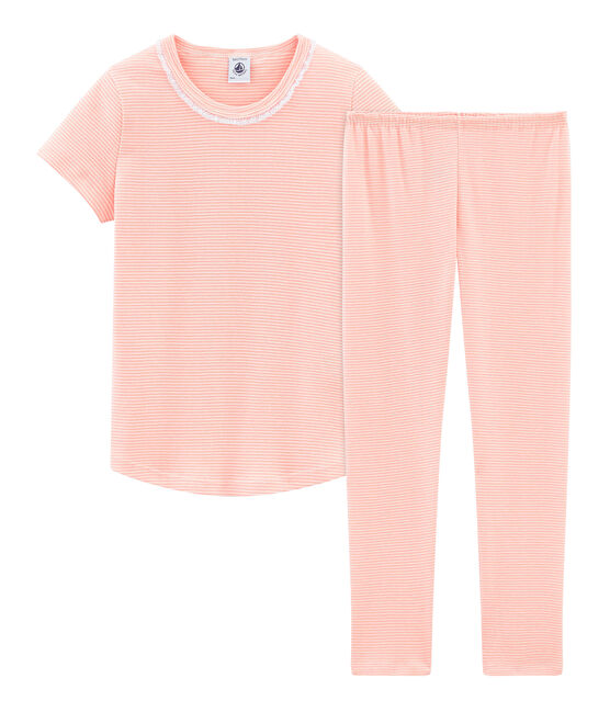 Kurzärmeliger Rippstrick-Pyjama für kleine Mädchen rosa ROSAKO/weiss MARSHMALLOW