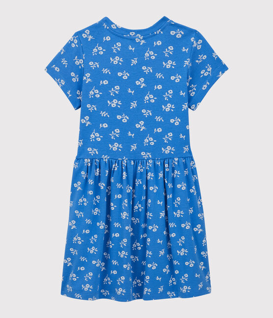Kurzärmeliges Kleid aus Baumwolle für Mädchen blau BRASIER/grau MARSHMALLOW