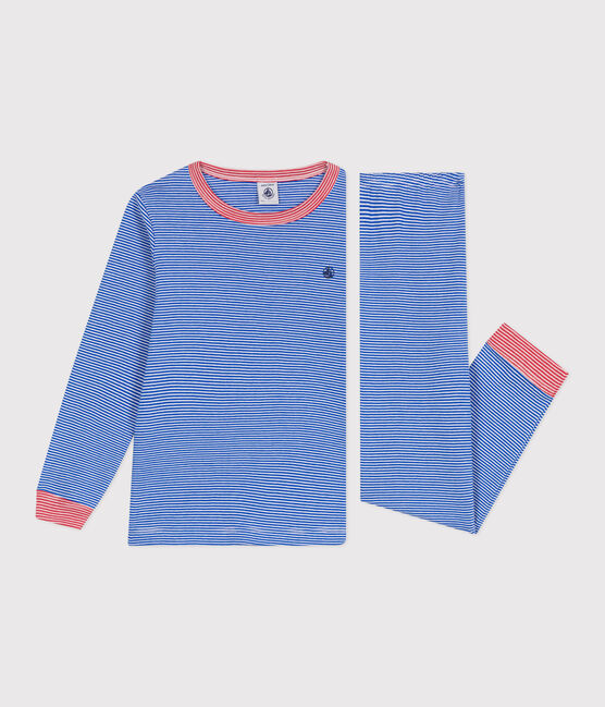 Langärmeliger Kinder-Pyjama aus Baumwolle mit Streifen blau PERSE/weiss MARSHMALLOW