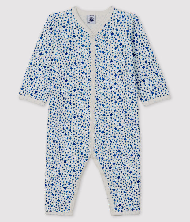 Baby-Strampler mit blauen Sternen ohne Fu&szlig; aus Doppeljersey weiss/blau