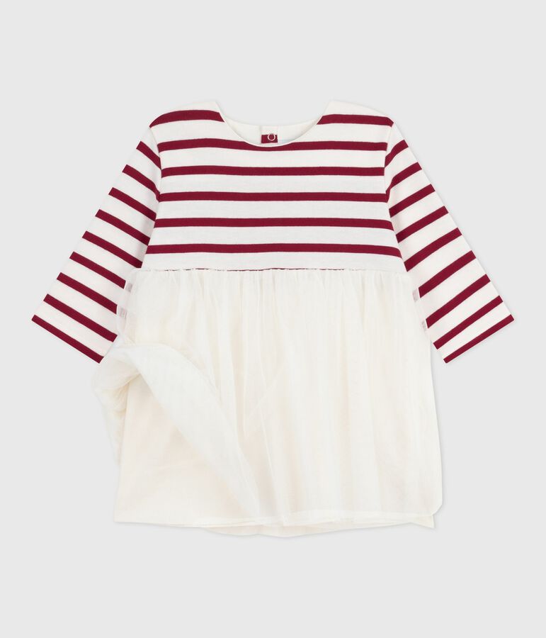 Lang&auml;rmliges Kleid aus zwei Stoffen naturfarben/rot