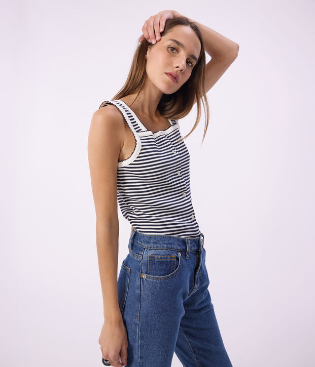 Damen-Tanktop aus Baumwolle mit Streifen blau/weiss