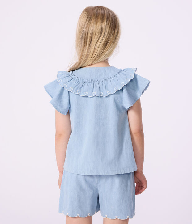 Kurz&auml;rmelige Kinder-Bluse aus einfarbiger Baumwolle blau