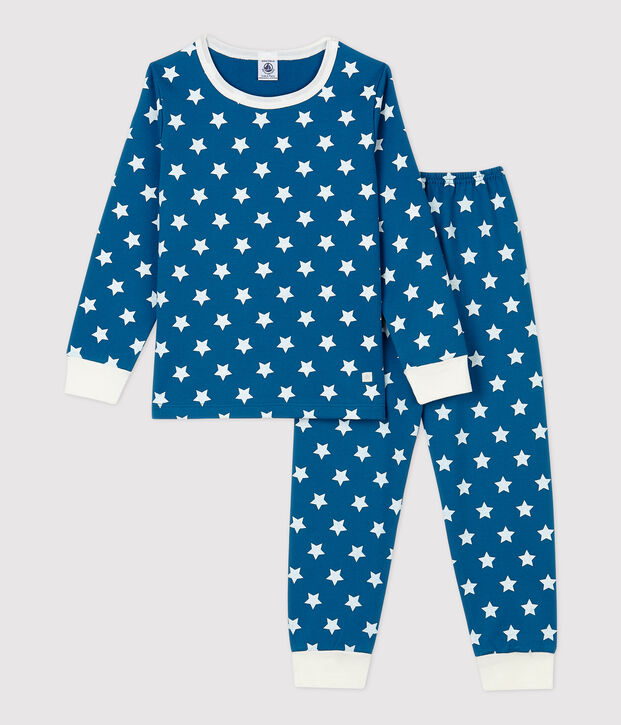 Kinderpyjama aus Bio-Baumwolle mit grafischem Printmuster blau/weiss