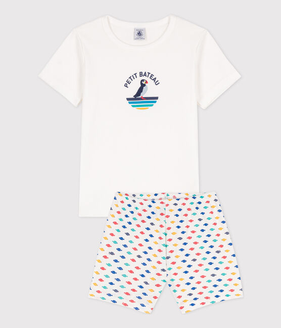 Kinder-Kurzpyjama aus Baumwolle mit Meerestier-Motiv für Jungen weiss MARSHMALLOW/weiss MULTICO