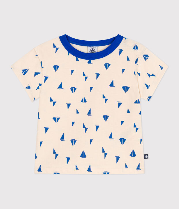 Kurz&auml;rmeliges Baby-T-Shirt aus Baumwolle mit Schiffchenmuster naturfarben/blau
