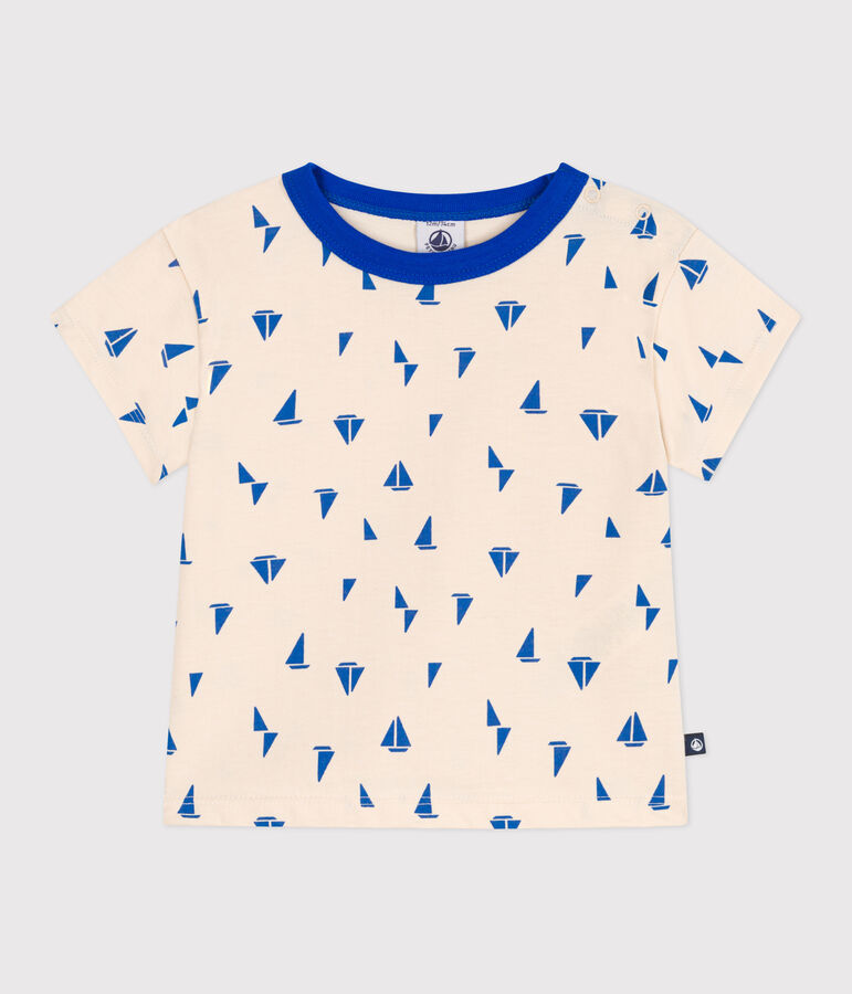 Kurz&auml;rmeliges Baby-T-Shirt aus Baumwolle mit Schiffchenmuster naturfarben/blau