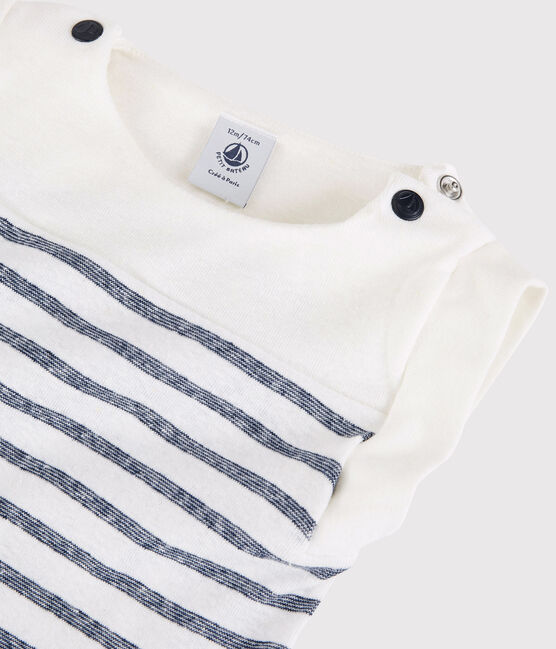 Baby-T-Shirt aus Baumwolle/Leinen für Jungen weiss MARSHMALLOW/blau MEDIEVAL