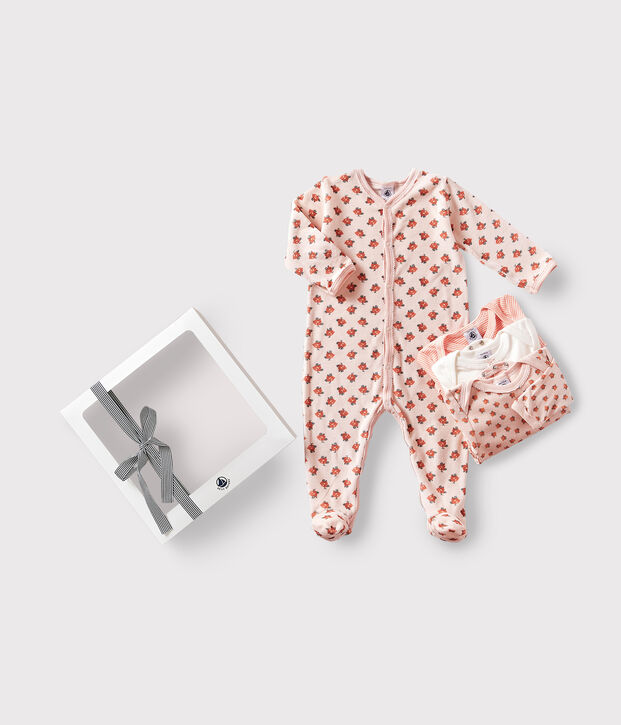 Baby-Geschenkset aus 1 Strampler und 3 Bodys mit Blumenmuster vielfarbig