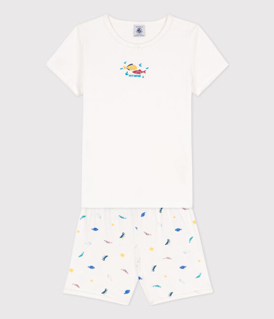 Kinder-Kurzpyjama aus Baumwolle mit Meerestier-Motiv für Mädchen weiss MARSHMALLOW/weiss MULTICO
