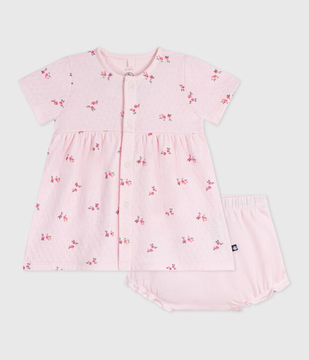 Babykleid aus gebl&uuml;mter Baumwolle mit dazugeh&ouml;rigem Bloomer rosa/vielfarbig