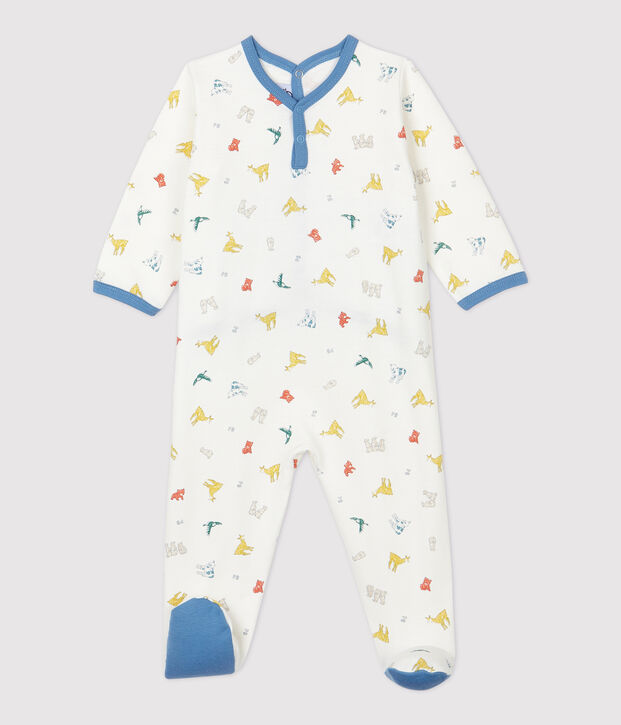 Baby-Strampler aus Molton und Bio-Baumwolle mit farbigem Tiermuster weiss/vielfarbig