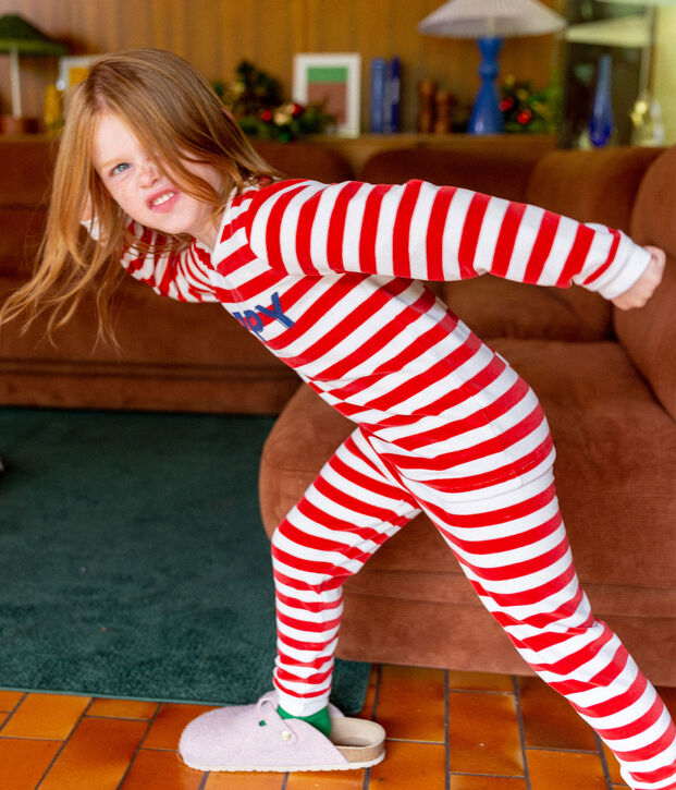 Kinderpyjama aus Nicki mit Streifen rot/weiss