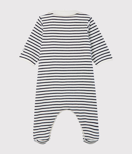 Baby-Bodyjama mit Reißverschluss aus Rippstrick weiss MARSHMALLOW/blau SMOKING