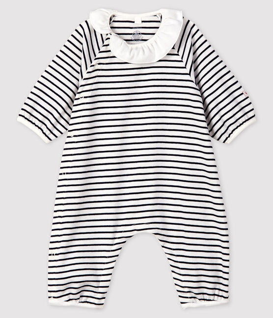 Gestreifter Baby-Langoverall für Mädchen aus Rippstrick weiss MARSHMALLOW/blau SMOKING