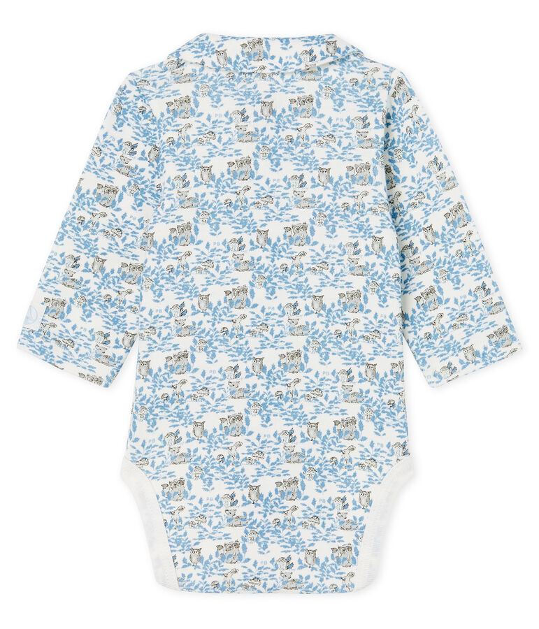 Lang&auml;rmeliger Neugeborenen-Body aus Rippstrick f&uuml;r Jungen weiss MARSHMALLOW/blau TOUDOU/ MULTICO