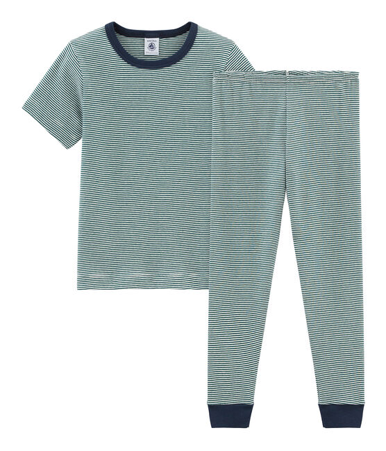 Kurzärmeliger Rippstrick-Pyjama für kleine Jungen grün PINEDE/weiss MARSHMALLOW
