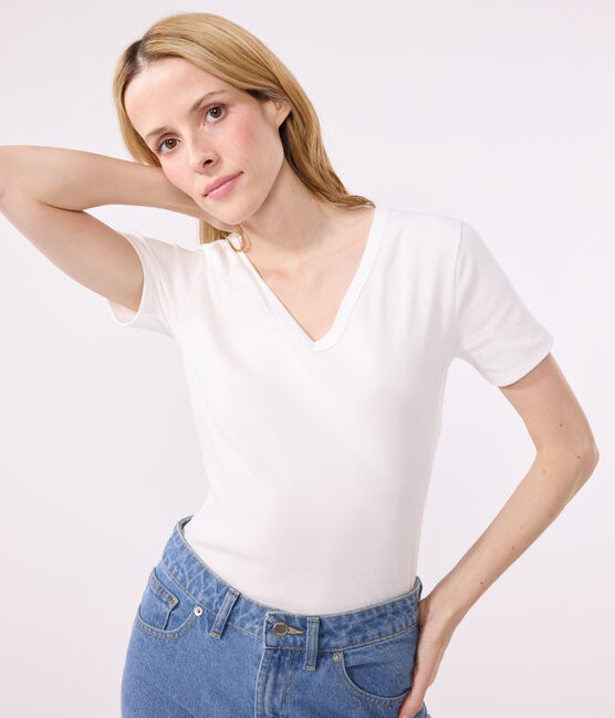 Kurzärmeliges Damen-T-Shirt L'ICONIQUE aus einfarbigem Rippstrick weiss ECUME