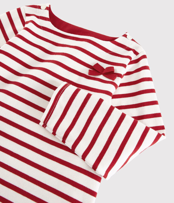 Kindershirt aus Jerseystoff mit Marinestreifen für Mädchen weiss MARSHMALLOW/rot TERKUIT