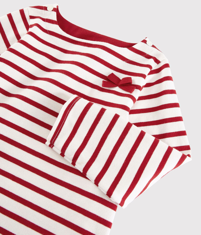 Kindershirt aus Jerseystoff mit Marinestreifen f&uuml;r M&auml;dchen weiss/rot